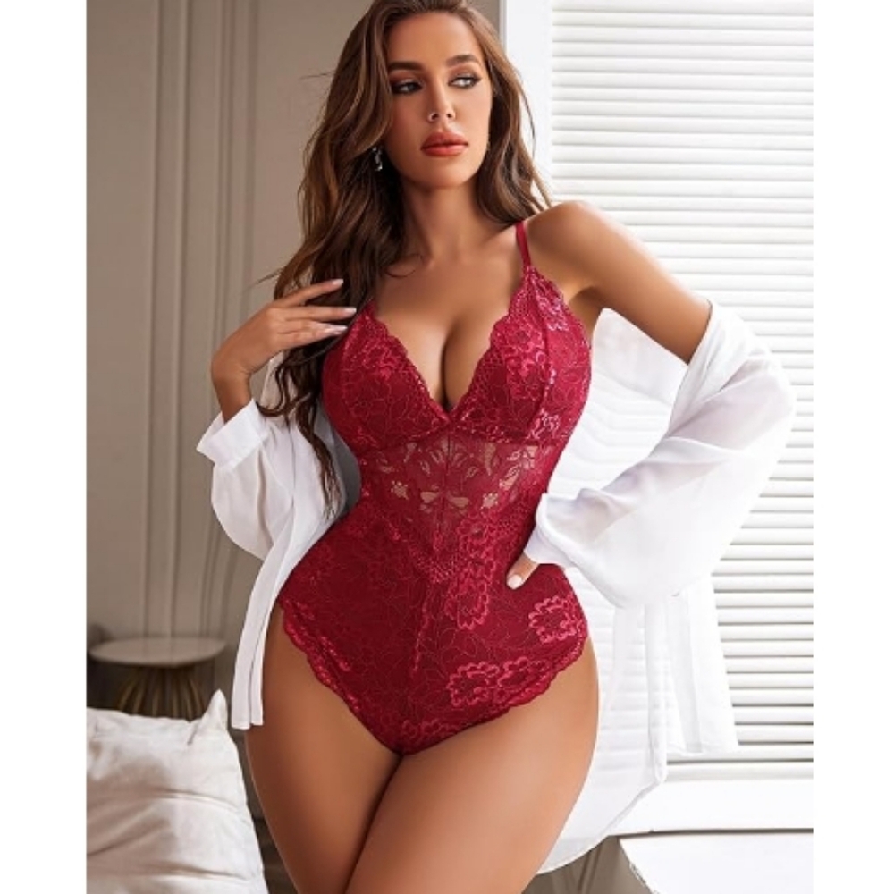 Sexy Snap Crotch Lingerie Lace Bodysuit Deep V Teddy One Piece Babydoll Red New
